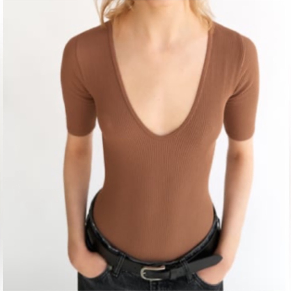 ZARA brown limitless contour stretch ribbed low scoop neck bodysuit size XS/S
